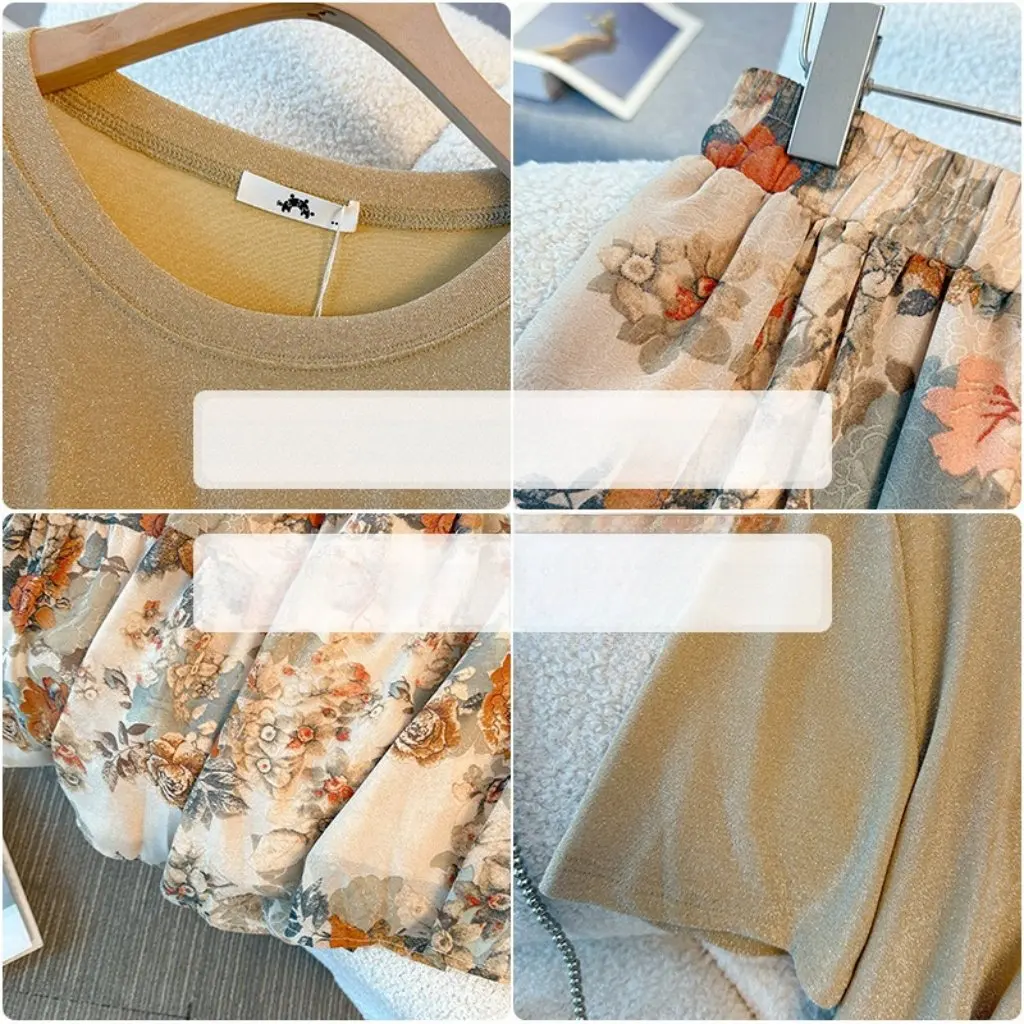 

Женская летняя модная футболка больших размеров с рюшами и высокой талией, юбка трапециевидной формы с цветочным принтом, комплект из двух предметов, 65-175 кг