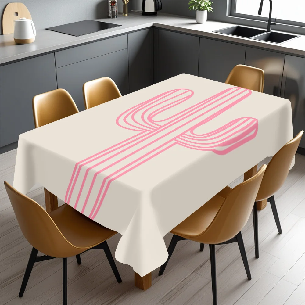 Pink Line Cactus Tablecloth, Cream Base With Striped Cactus Print, Rectangular Table Cover for Minimalist Home Table Party Decor