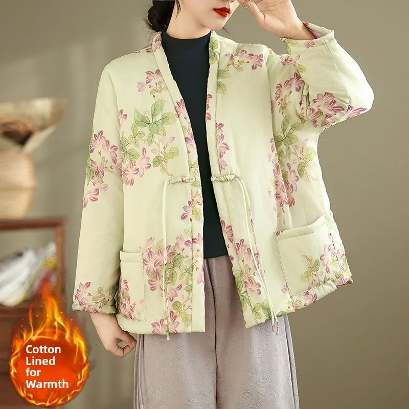 Retro Chinese Style Button up Cotton Jacket Warm V-Neck Loose Fit Large Size Open Chest Autumn Winter New Arrival Women's Coat
