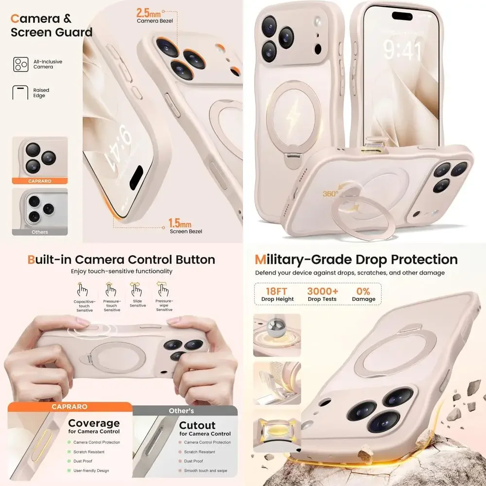 per iPhone 17 Pro Max Custodia con 360 °   Supporto magnetico Spin per donna, [Compatibile con MagSafe] [Protezione completa della fotocamera] Cute Wave