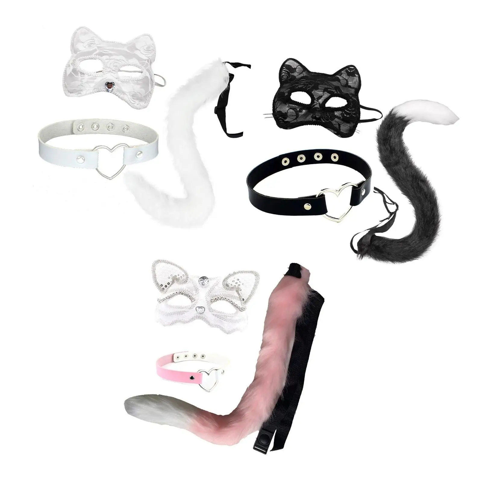 Cat Mask Collar and Tail Set Halloween Cute Animal Costume Set for Birthday Gift Prom Balls Party Festivals Stage Performance