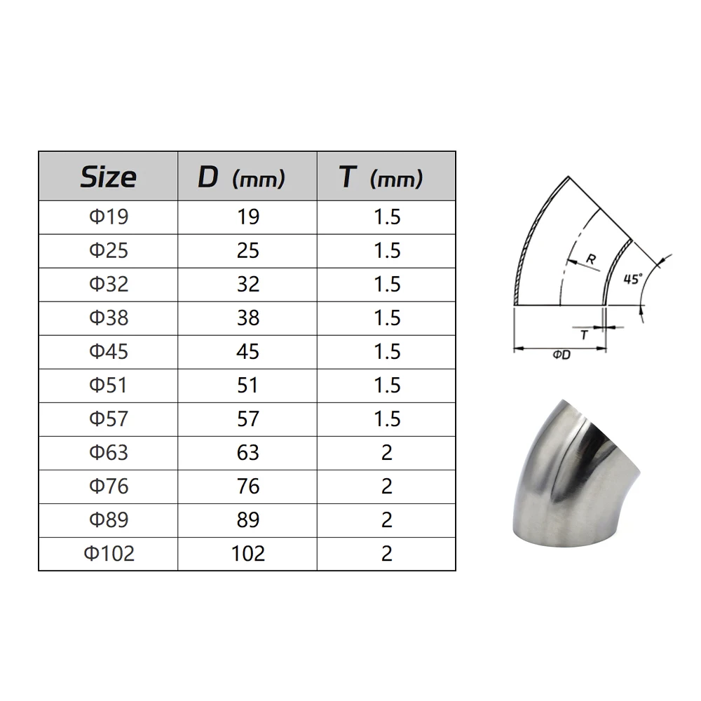 Guangluo Sanitary 45 Degree Weld Elbow Ss304/316 Mirror Polished Food Grade Stainless Steel Pipe Bend 19/38/51/76-108mm Pipeline
