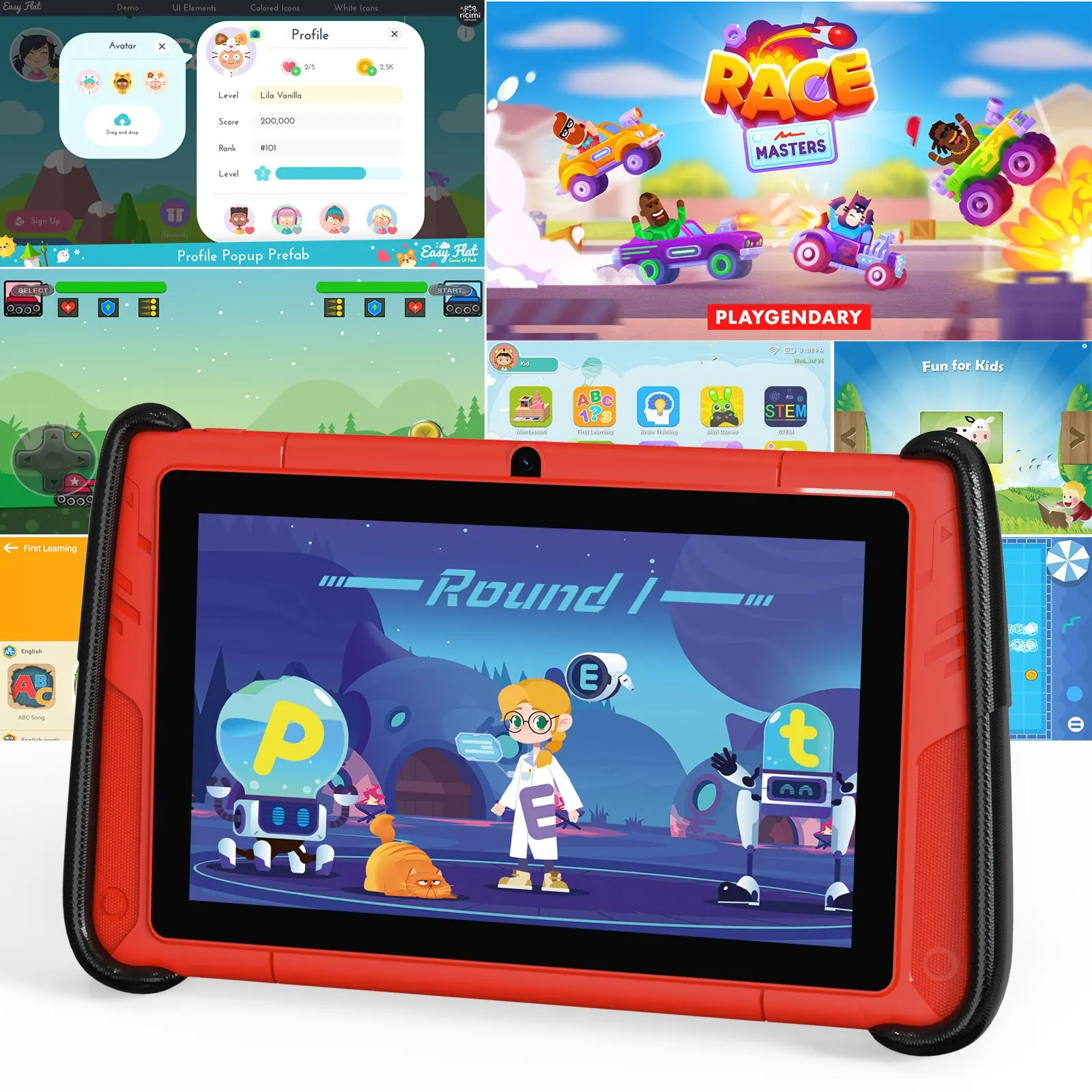 PRITOM-Tableta Android 12 de 7 pulgadas para niños, 4GB de RAM, 64GB de ROM, Software preinstalado para niños, WiFi, con funda con forma de coche deportivo genial