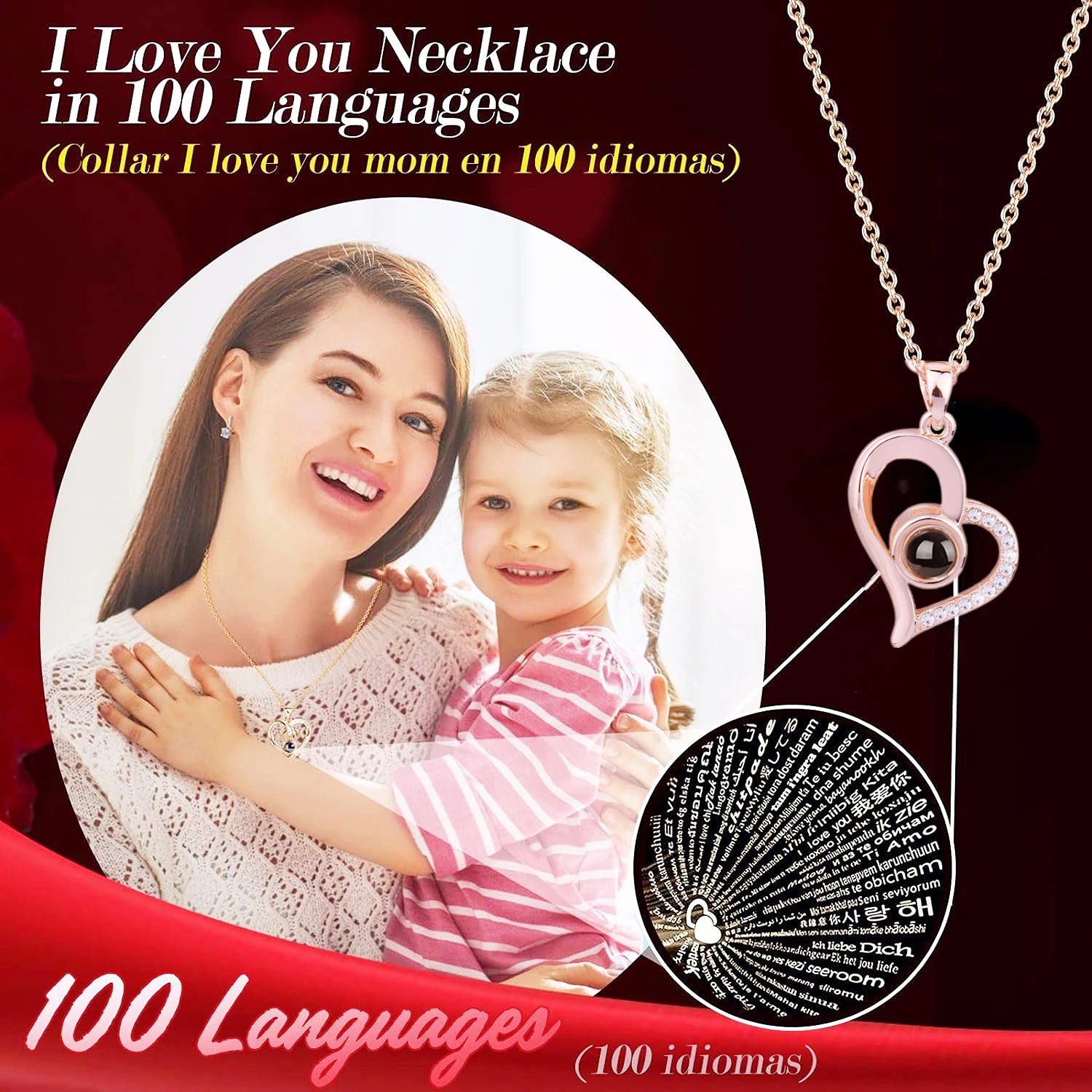 Boîte Ours Rose Éternelle avec Collier Projection, Je T\'Aime, Pendentif Coeur, Bijoux, Cadeau ixdes Mères, Anniversaire, 100 Langues