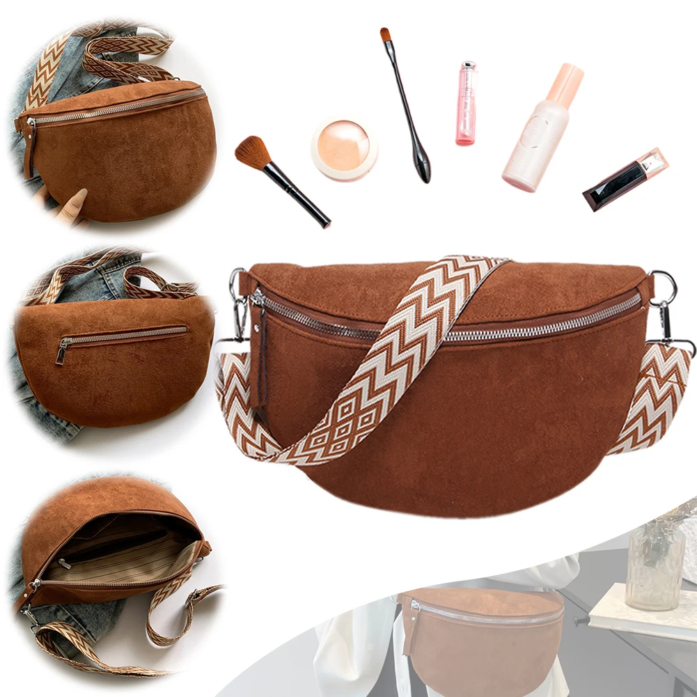 Wide Patterned Strap Shoulder Bag Women Faux Suede Chest Bag Solid Color Waist Bag Sling Bag for Work Travel