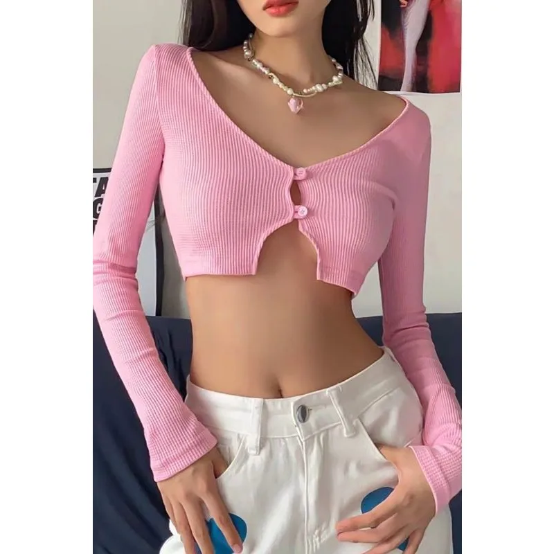 

Кардиган с вафельными пуговицами, короткий топ с длинными рукавами, женская футболка для похудения в курортном стиле, открывающая талию