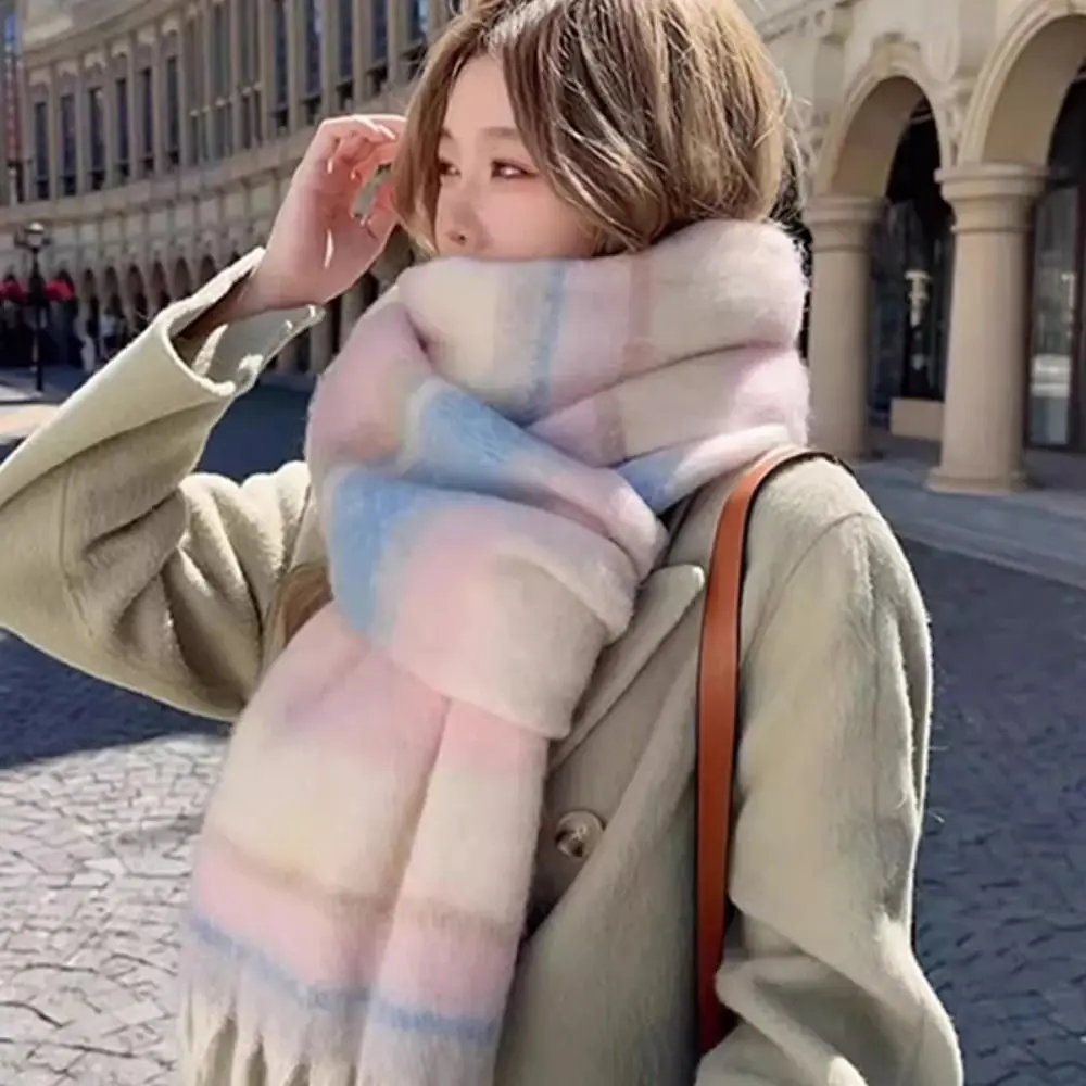 

Новый зимний шарф из искусственного кашемира, модный универсальный красочный полосатый шарф в стиле ретро, высококачественная утолщенная теплая шаль