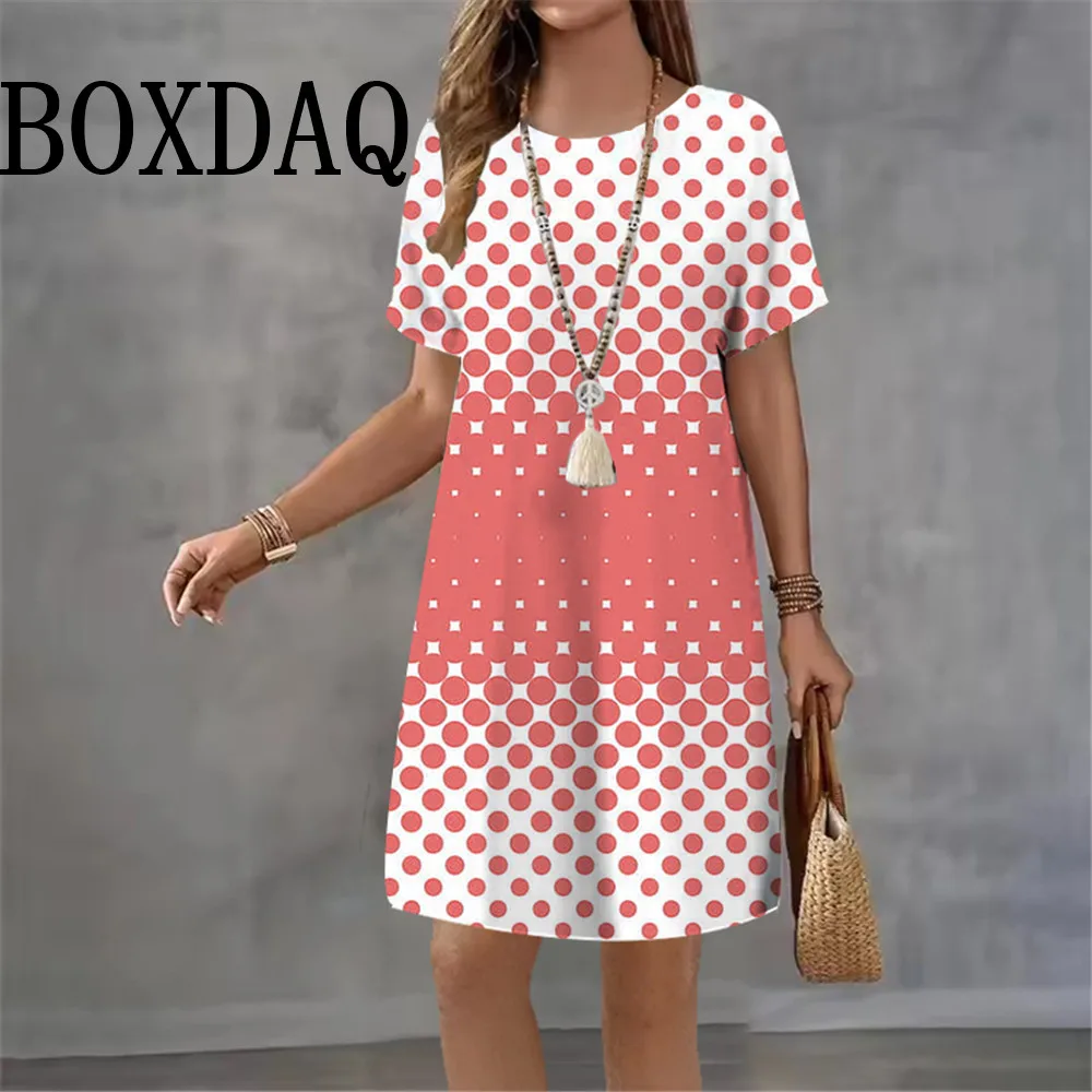New 2026 Women's Dress Polka Dot Pattern Gradient Printing Elegant Casual O-Neck Short Sleeve Summer Dresses Y2k Women's Clothes