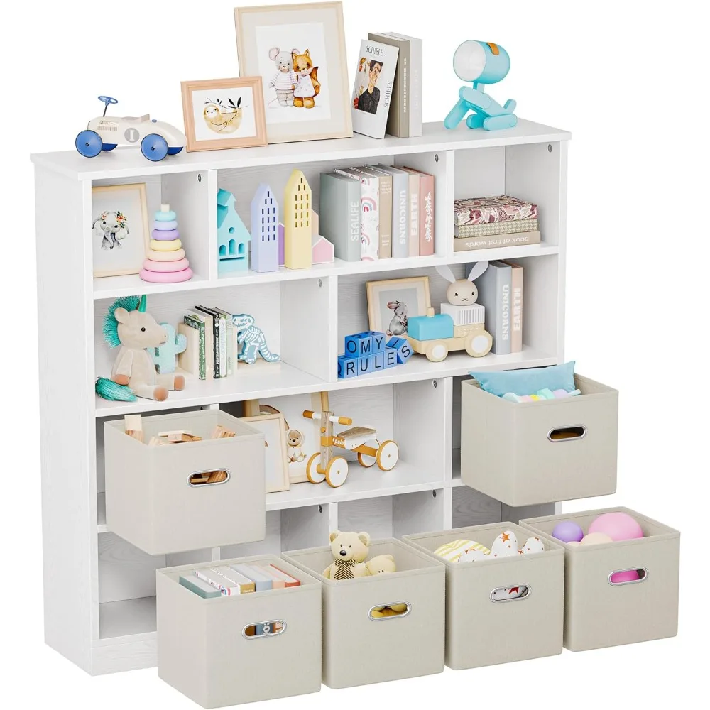 Toy Storage Organizer with 6 Bins, Wooden 3-Tier Floor Standing Open Bookshelf Storage Cubby, 12-Cube Storage Shelf Bookcase, K
