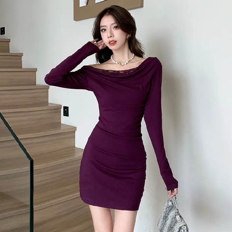 Women's New Off Shoulder Lace Style Mini Dress Spicy Girl Sexy Slimming Fit Wrinkle Style Vestidos Spiling Lace Show Hip Dresses