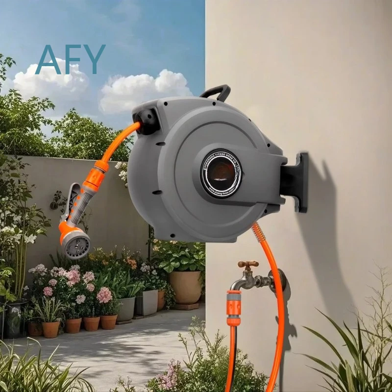 Rewinding Garden Water Hose Reel for Car Wash Outdoor Hose Storage Organizer with Wall Mount Bracket and Heavy Duty Steel