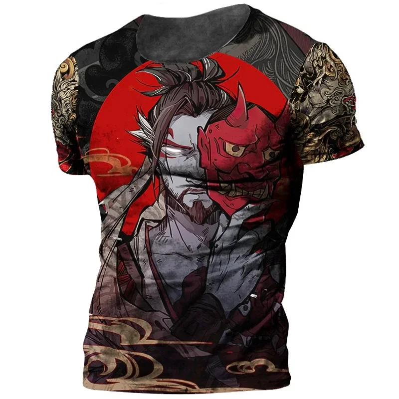 Men's Cool Japanese Samurai Elements Pattern Short Sleeve Men's Fashion Fitness Blazer Men's Casual and Comfortable T-Shirt