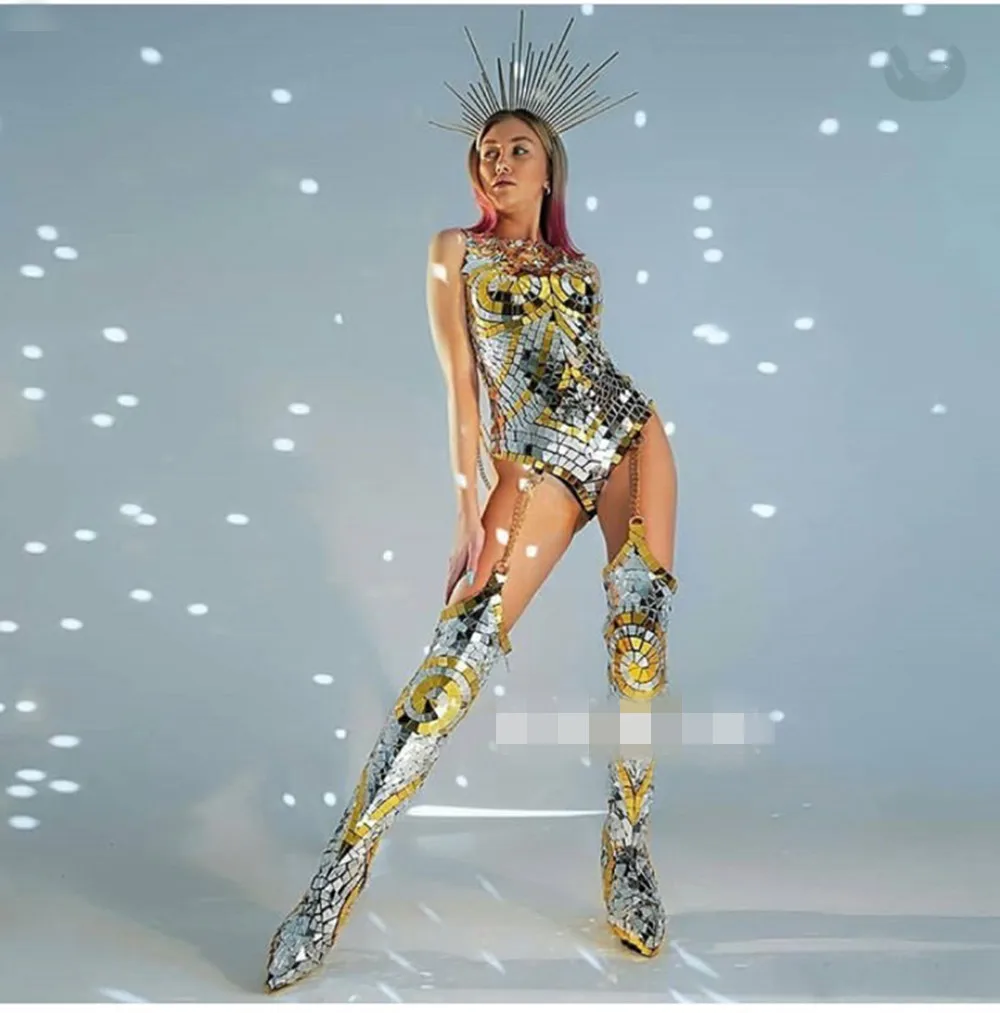 Silver Mirror Bodysuit Women Drag Queen Outfit Nightclub Gogo Stage Costume Carnival Halloween Clothes Party Show Wear yj074