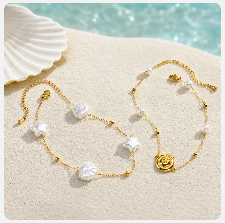 Vnox Boho Imitationsperlen-Muschel-Fußkettchen für Frauen Minimalistisches Vergoldetes Edelstahl-Fußkettchen Strand-Urlaubsgeschenk – Detail 5