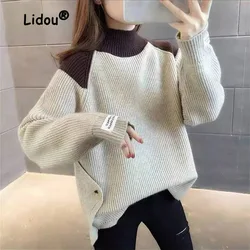 Personality Color Blocking Thickening Knitting Sweaters Women New High-quality Long Sleeve Mock Neck Loose Bottoming Shirt Top