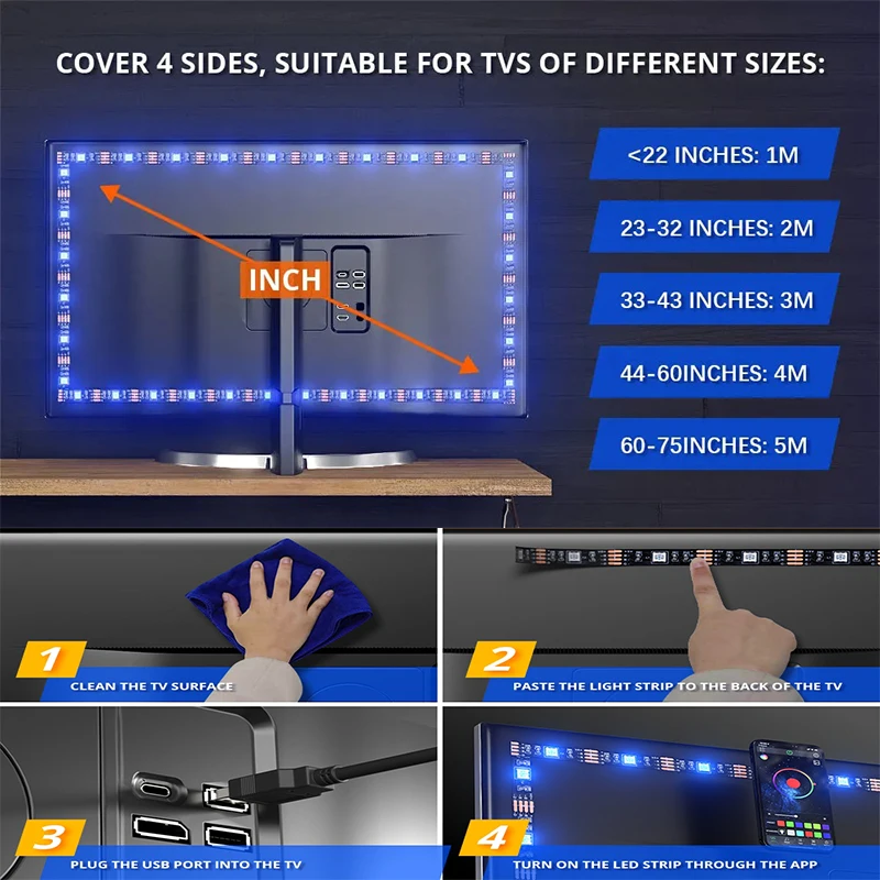 Imagem -04 - Luzes de Tira Led para Luz de Fundo tv Bluetooth Usb 5v Regulável Rgb Luzes de Fita Led Controle Inteligente App Rgb Luzes Led Tira 5050