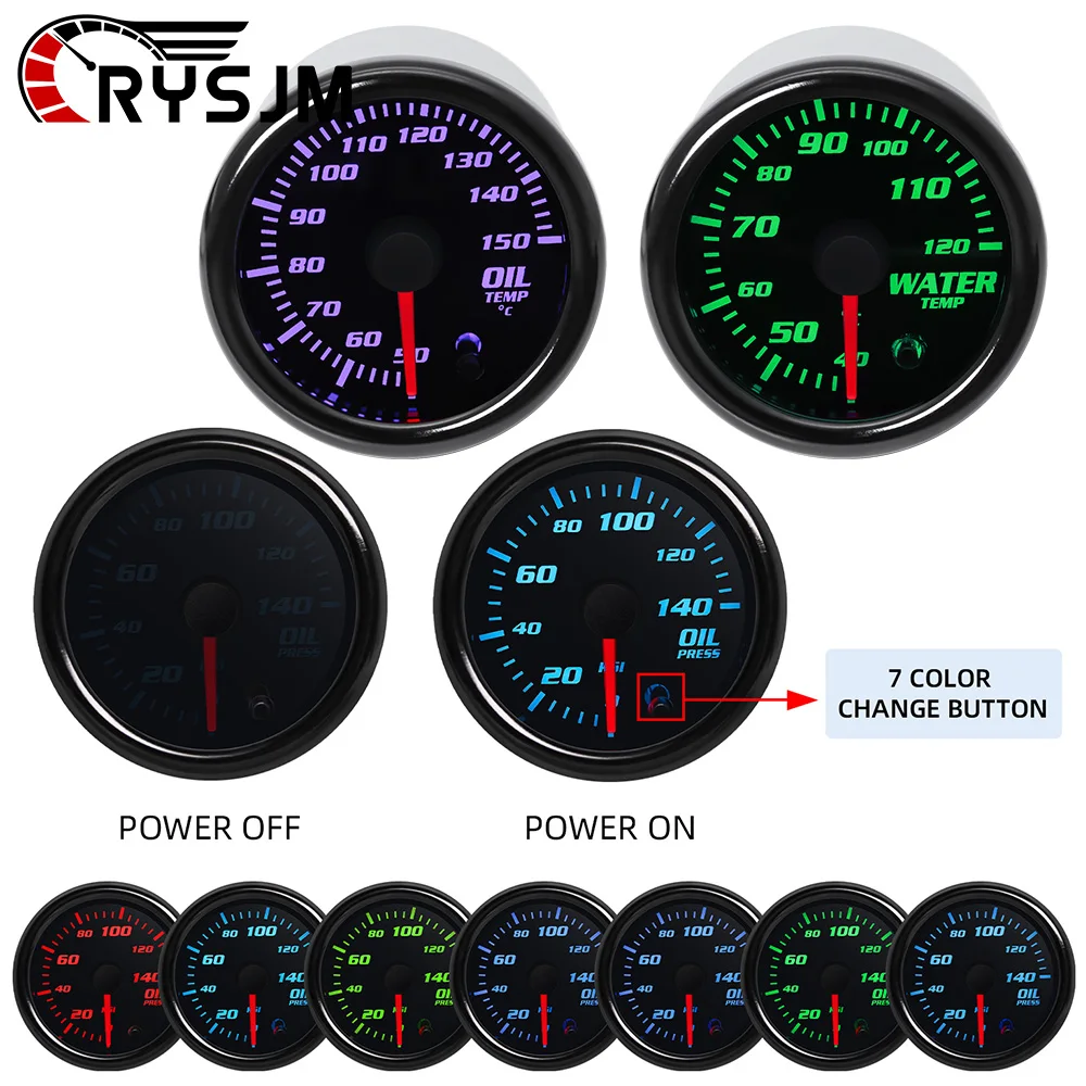 

52mm 7 Colors LED 12V Car Gauge Oil Temperature Water temp Oil Pressure Voltmeter Boost Meter Air Fuel Ratio RPM Tachometer
