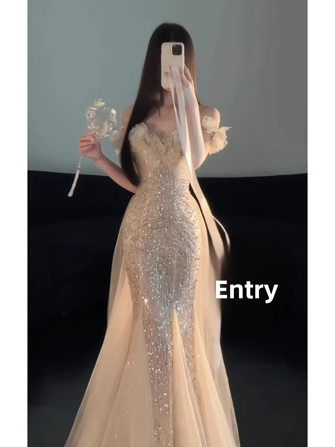 

Вечернее платье цвета шампань с одним открытым плечом, силуэт «русалка», красивое, блестящее, для помолвки, свадьбы и выступлений