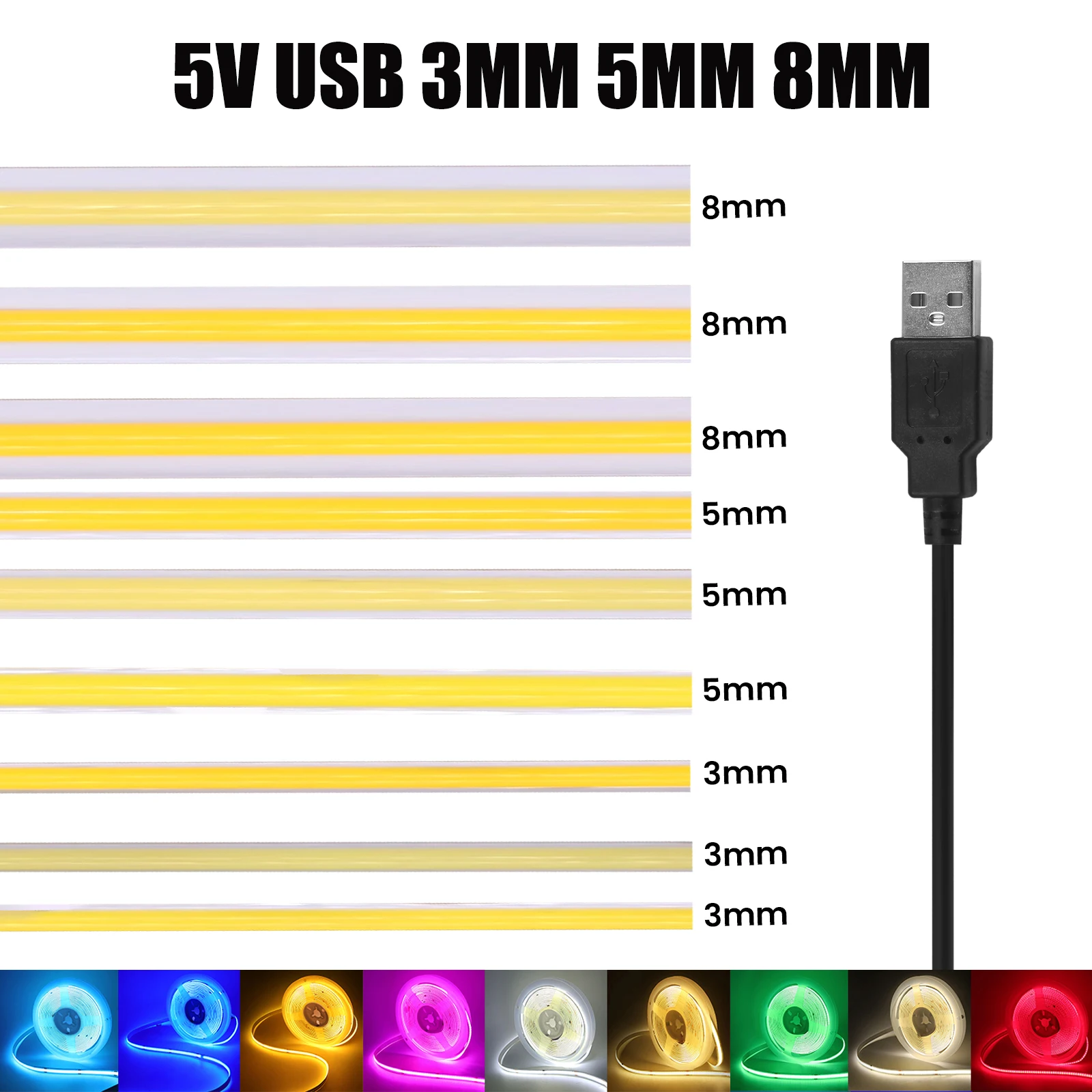 5V USB COB LED Strip Light 3mm 5mm 8mm Flexible LED Tape 320LEDs High Density Linear Light White/Warm/Natural/Red/Blue/Green/Ice