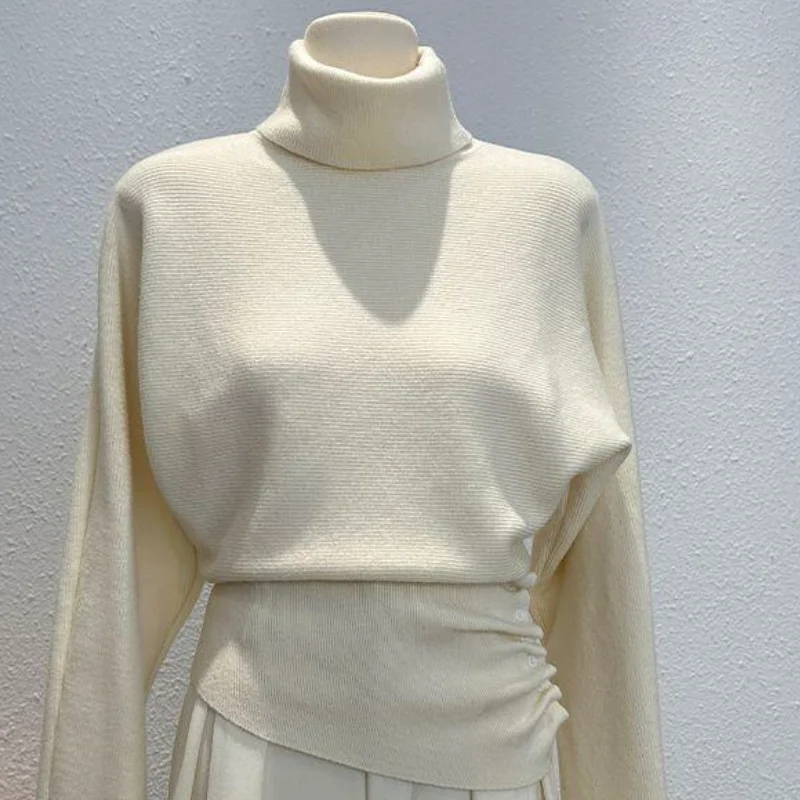 طالب الكرتون ملابس النساء عادية محبوك سترة الخريف الشتاء عالية الرقبة الجانب الطية تصميم بلايز 25 نمط جديد عصري #4