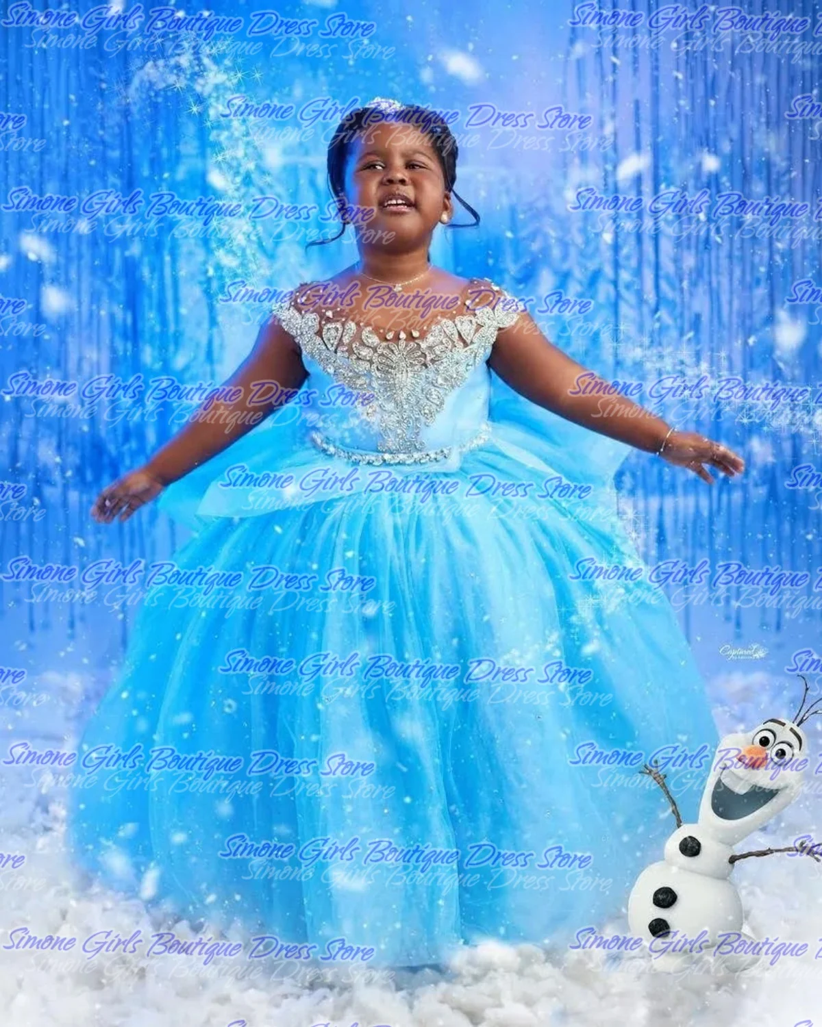 V-neck delicate Blue shiny dress Flower Girl Dress for Birthday party Formal Tulle Ball Gown Dance Performances Parties