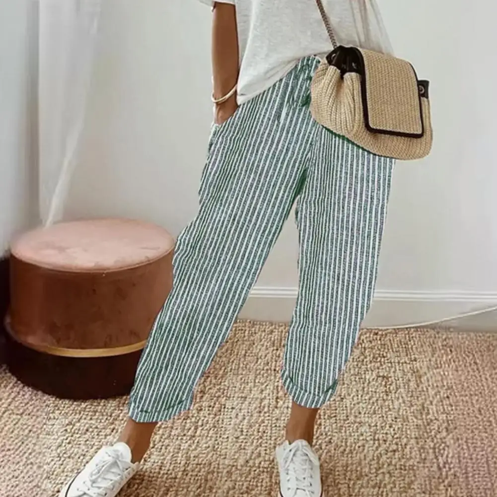 Women Vertical Stripe Pants Vertical Stripe Print Trousers Striped Printed Loose Fit Pants with Adjustable for Women for Leisure