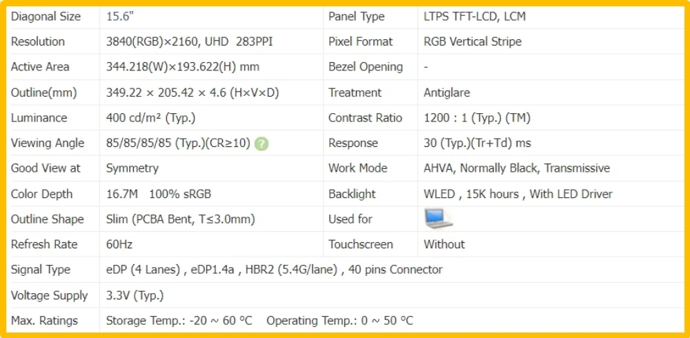 Imagem -03 - Tela de Exibição Lcd Portátil B156zan03.6 sem Toque Painel Ips Fino Uhd 3840x2160 Edp 40 Pinos 60hz 156