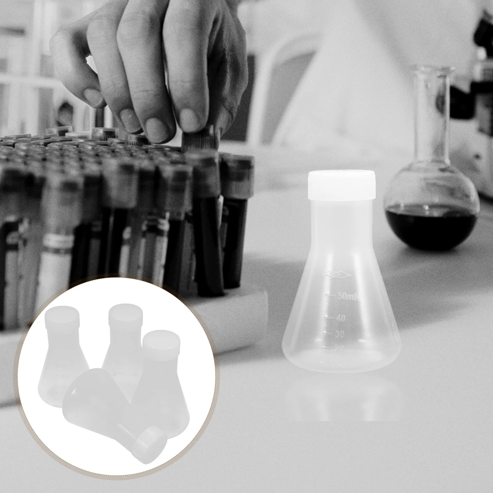 

4Pcs 50ml Plastic Erlenmeyer Flask Wide Mouth Lid Chemistry Lab Storage Container Conical Flask for Experiments