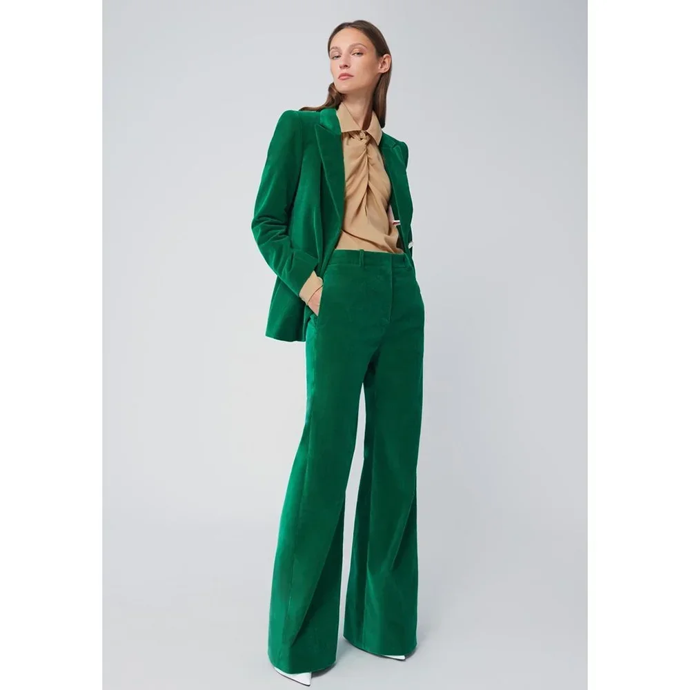 Chic Green Velvet Suits for Women Fashion Peak Lapel One Button Pants Set Elegant Formal Casual Office Lady 2 Pieces Slim Fit