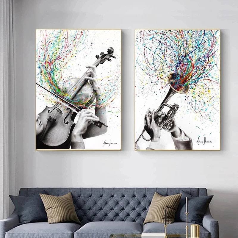 Abstract Piano Guitar Violin Phonograph Posters Prints Vintage Canvas Painting Wall Art Picture for Living Room Music Home Decor
