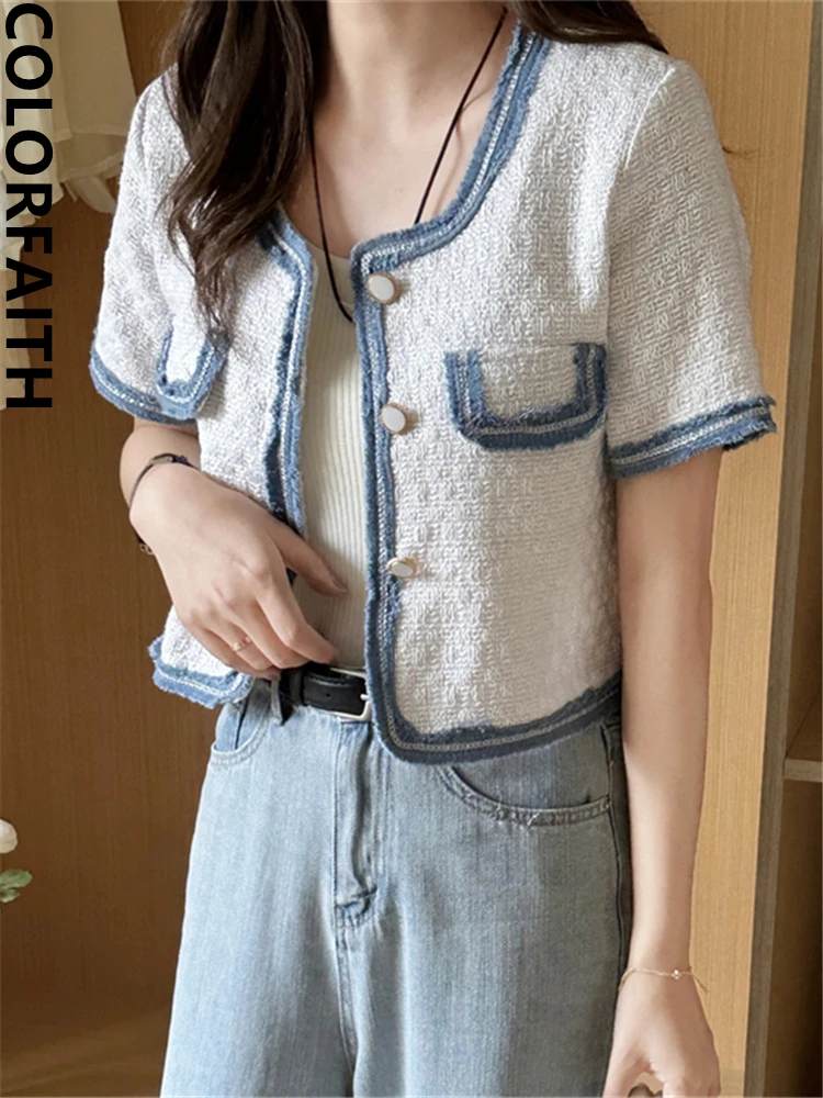 Colorfaith BL5373JM New 2023 Chic Korean Fashion Shirts Vintage Elegant Lady Blouses Puff Sleeve Women Spring Summer Short Tops