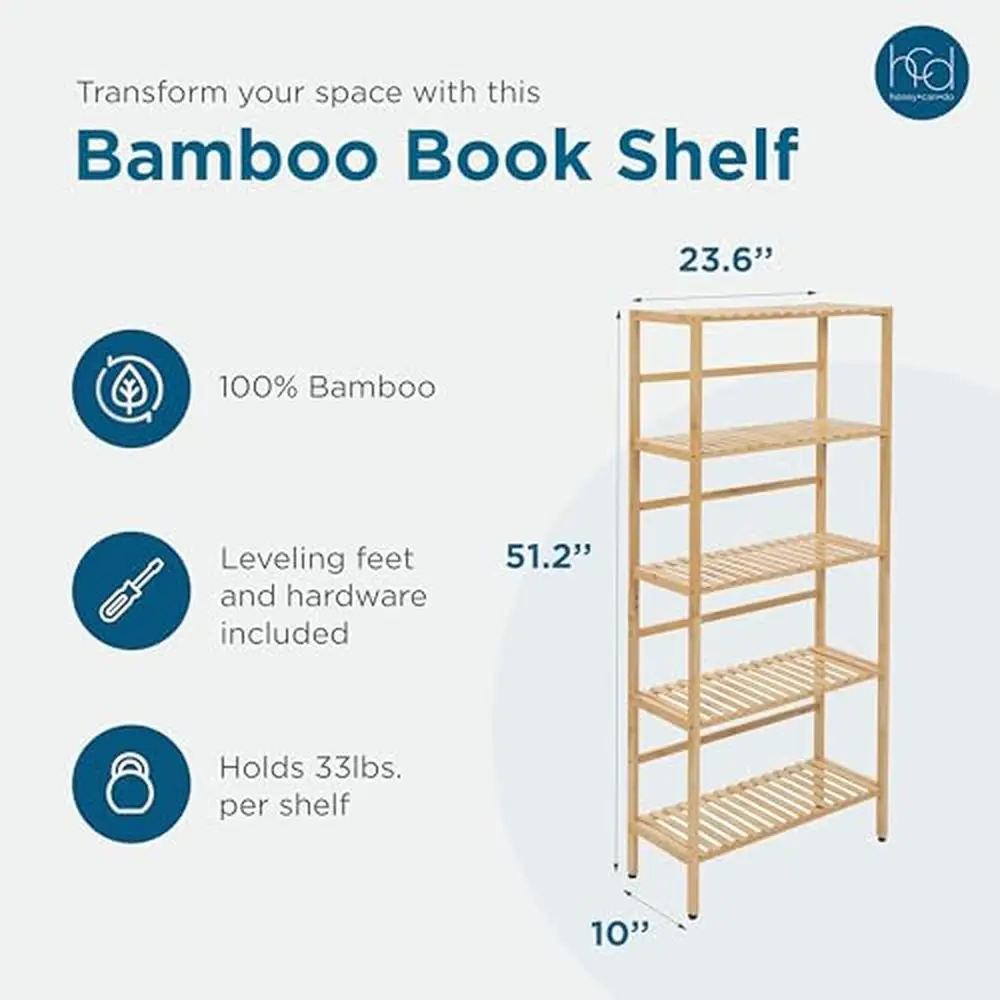 Bamboo 5-Tier Adjustable Bookshelf Shelf Space Saving Office Bathroom Kitchen Living Room Hallway Rectangular Tiered Shelf 33lbs