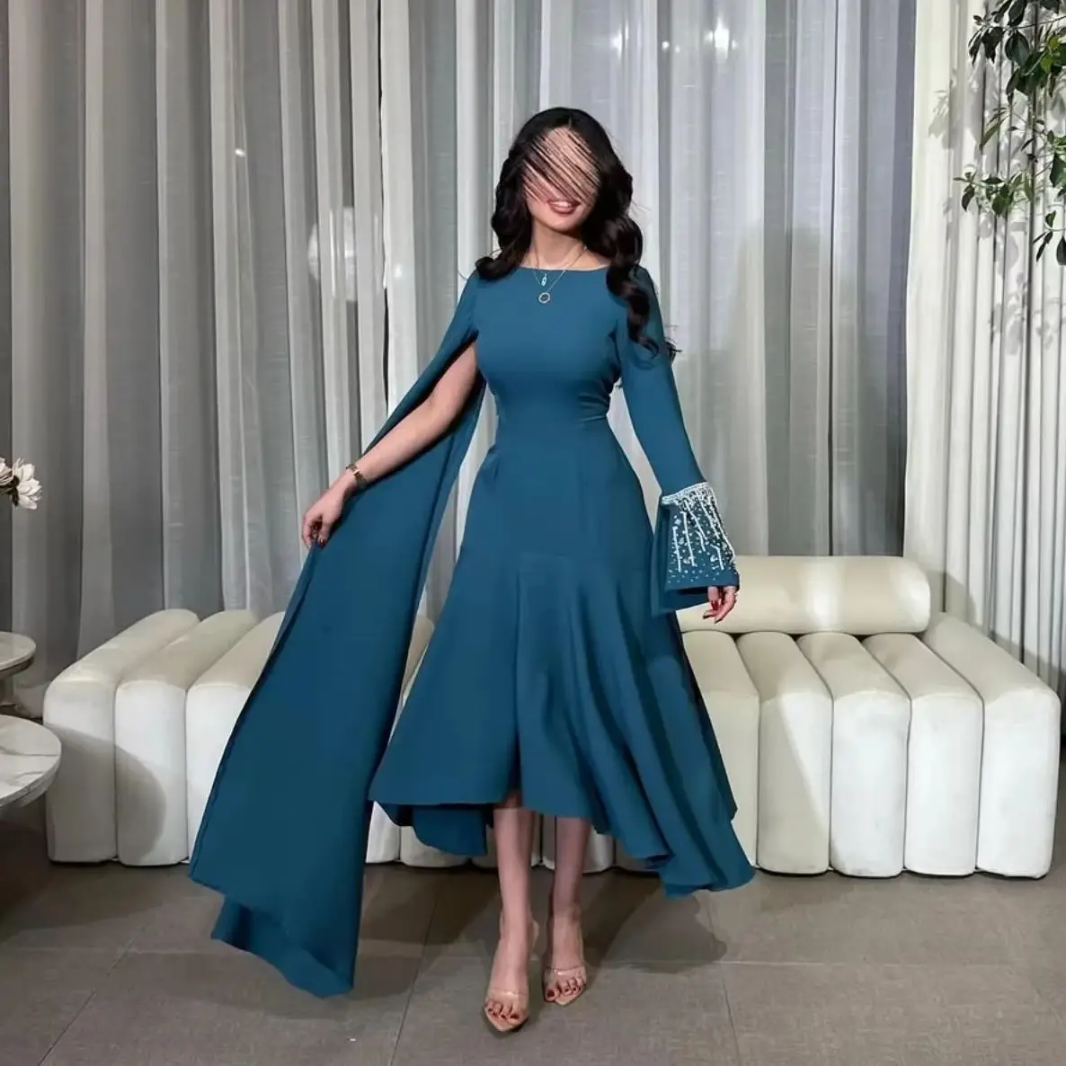 

Customized One Shoulder Long Sleeve Ball Gowns Blue Satin Round Neck Ankle Length Evening Gowns Multi-occasion Women Party Dress