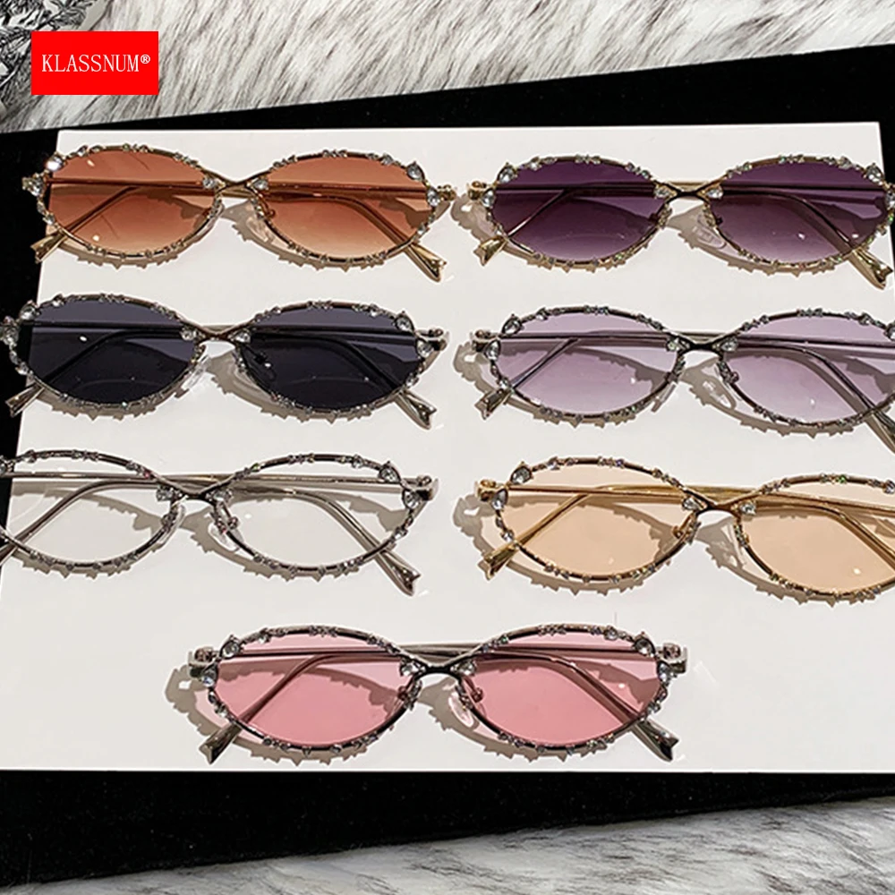 KLASSNUM Rhinestone Oval Metal Frame Sunglasses Women Y2K Luxury Decorative Sun Glasses UV400 Lnes Sun Shades Cosplay Eyewear