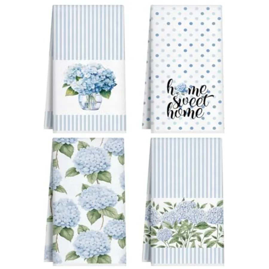 

4 упаковки, синие гортензии, кухонные полотенца для рук, фермерский дом, синий декор гортензии, 18x26 Ih, летние цветы, декоративные весенние цветочные чая D
