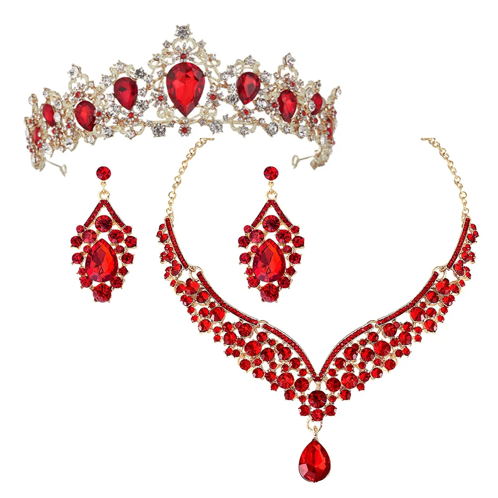 1 Juego de collar de corona nupcial para boda, pendientes, conjunto de joyería con diamantes de imitación, elegante para fiesta de cumpleaños, conjunto de collar y pendientes de corona para niñas