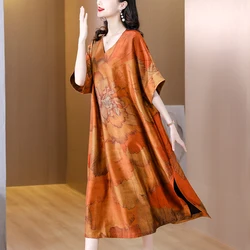 Women Floral Silk Luxury Elegant Party Dress Summer Short Sleeve V-Neck Loose Waist Dress 2024 Korean Vintage Casual Prom Dress