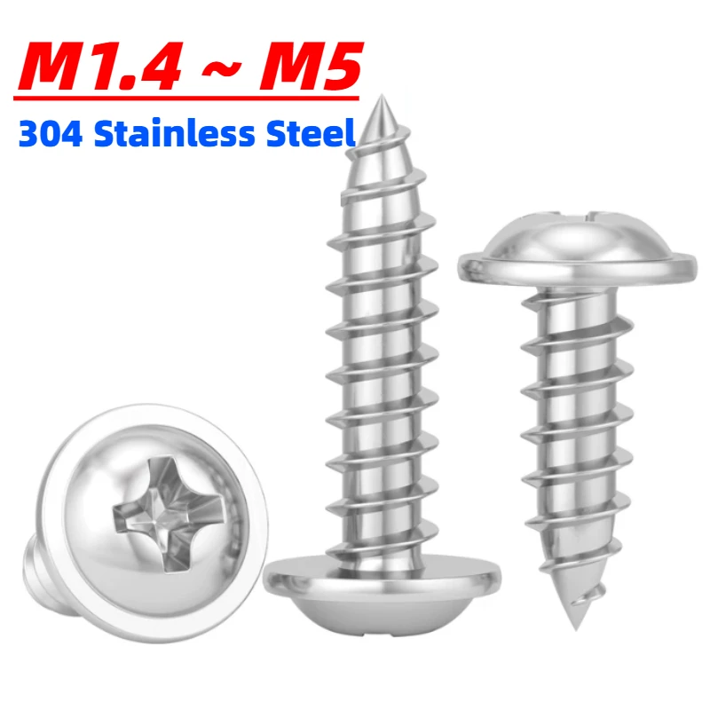 M1.4~M5 DIN968 304 Stainless Steel Cross Pan Head Self Tapping Screws With Built-in Washer Round Head Collar Wood Screw