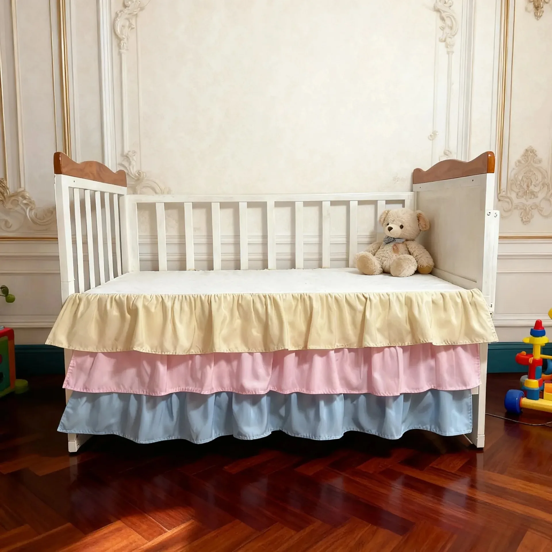 Baby Crib Skirt Three Layer Ruffles Standard Crib Bed Skirt 14inch Drop Princess Nursery Toddler Bed Dust Cover for Boys Girls