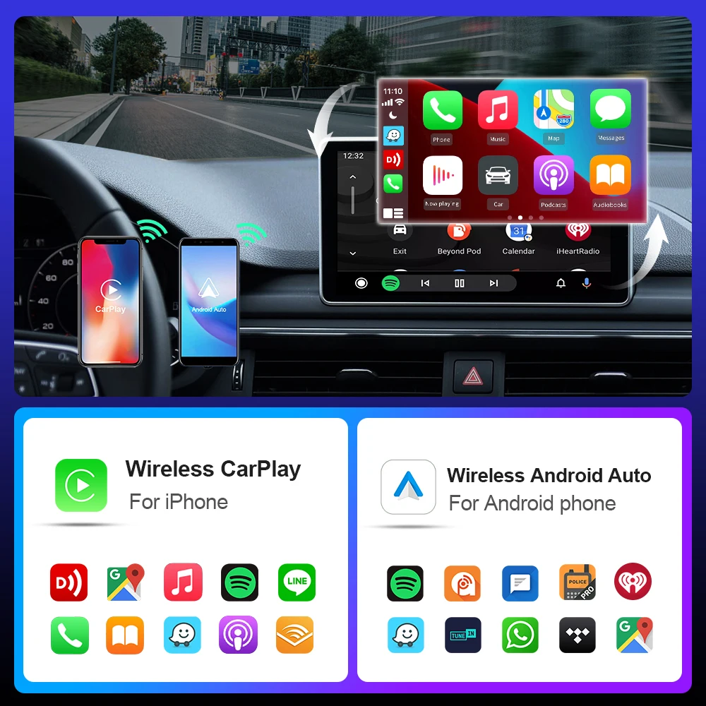 CarPlay AI Box BT WiFi Wireless Carplay Android Auto Adapter 2- in-1 Mini Box Plug&Play for OEM Wired CarPlay/Andriod Auto Cars