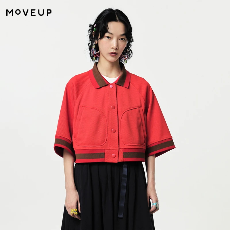 

MOVEUP Casual Fashion Half Sleeve Jackets 2026 Spring New Collar Contrast Color Pocket Raglan Sleeve Coat For Women 124110401