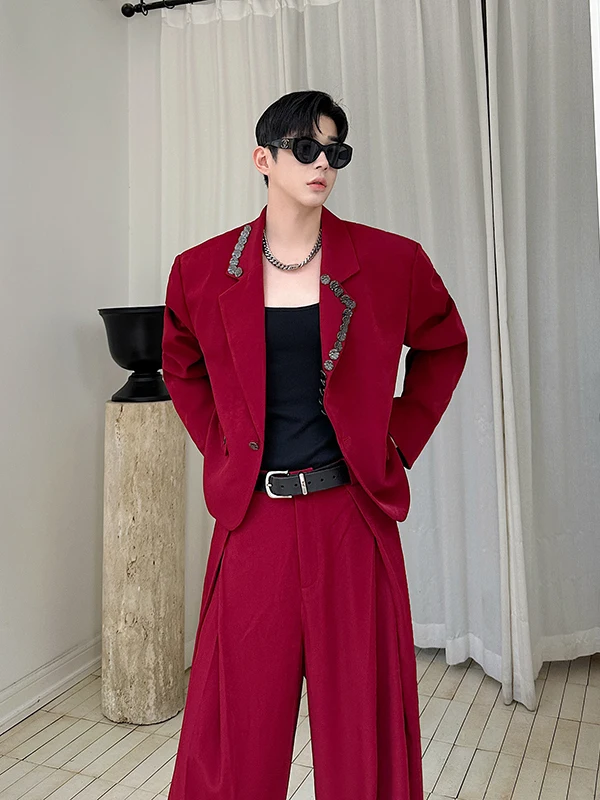 Luxury Handmade Silver Button ort Suit Set for Men Trendy Versatile Two Piece Set Casual Loose Fit Long Sve Striped Pattern