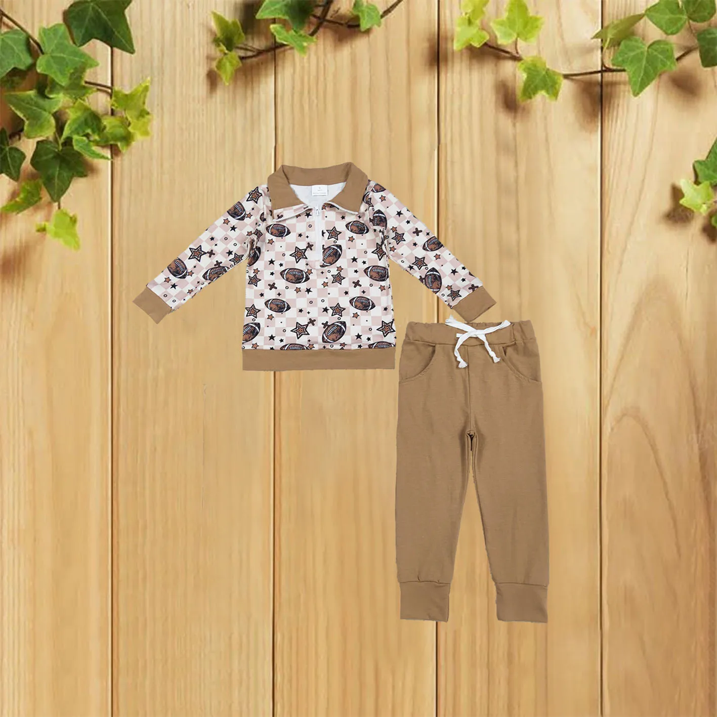 9.16 الأطفال بنجوم الرجبي البني منقوشة انغلق كم طويل السراويل الطويلة مجموعة فريق الزي الرياضي للأطفال