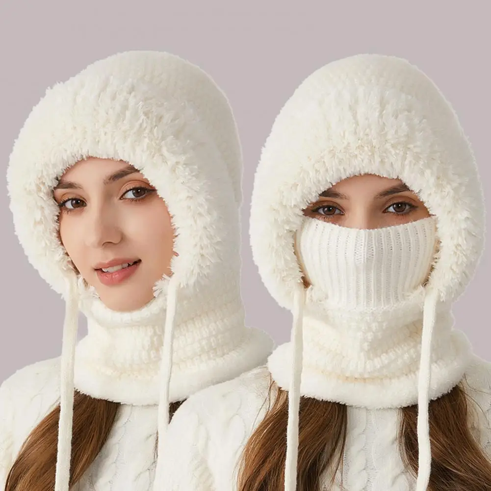 Knitted Hat with Plush Material Wool Hat 3 1 Knitted Hat for Women Soft Plush Winter Scarf with Face Guard for Outdoor