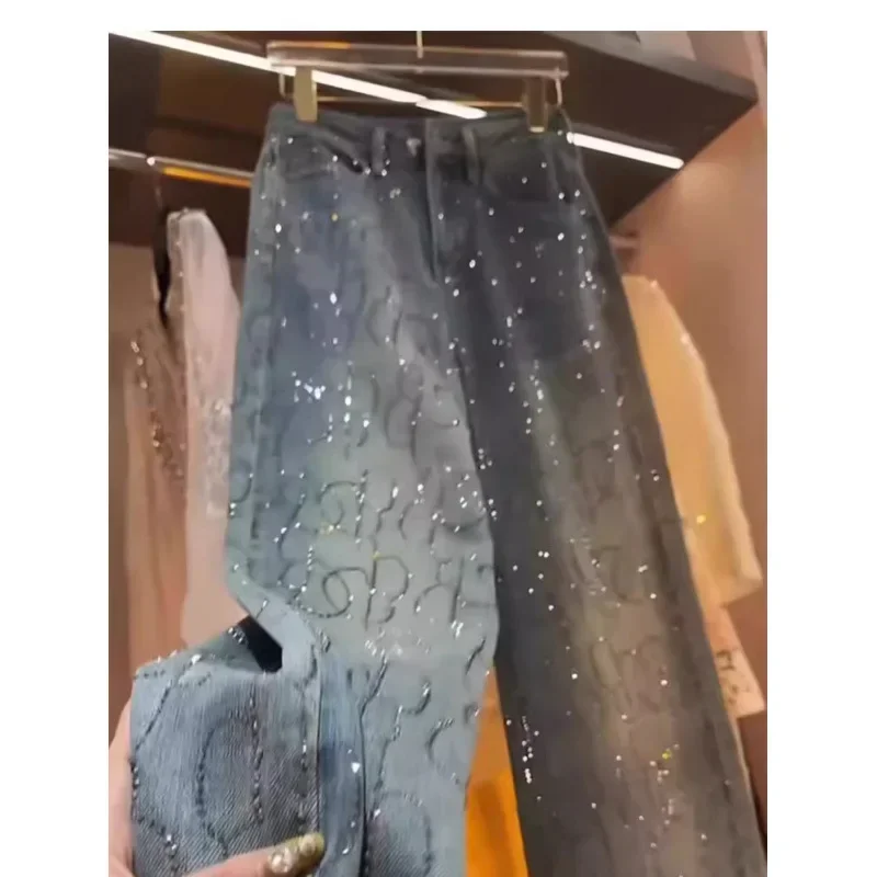 

Jeans Women Denim Wide Leg Pants Diamonds High Waist Pockets Floor Length Distressed Washed Straight Trousers Streetwear