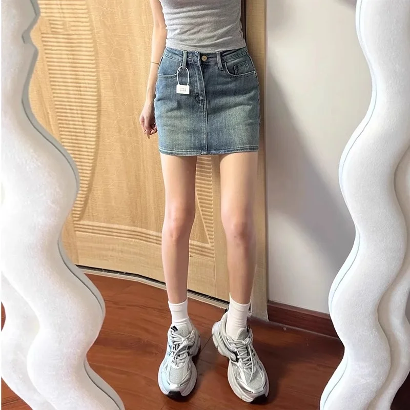 

Джинсовая юбка с высокой талией в стиле ретро Spicy Girl, женская утягивающая юбка трапециевидной формы с защитой от воздействия, маленький размер, закрывающая живот, весенняя юбка