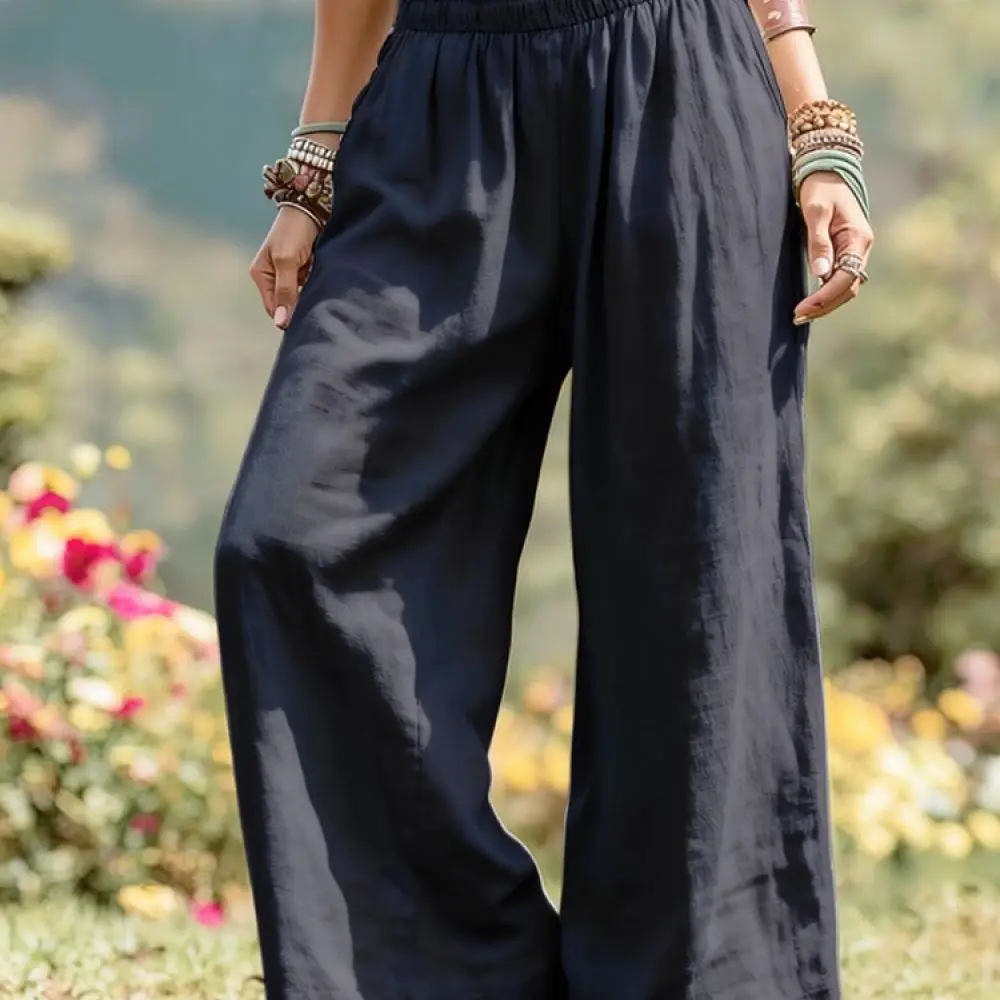 Ladies Loose Wide Leg Trousers Cotton Linen Blend Casual Pants Elastic Waist Summer Breathable Solid Color Soft Fashion Bottoms