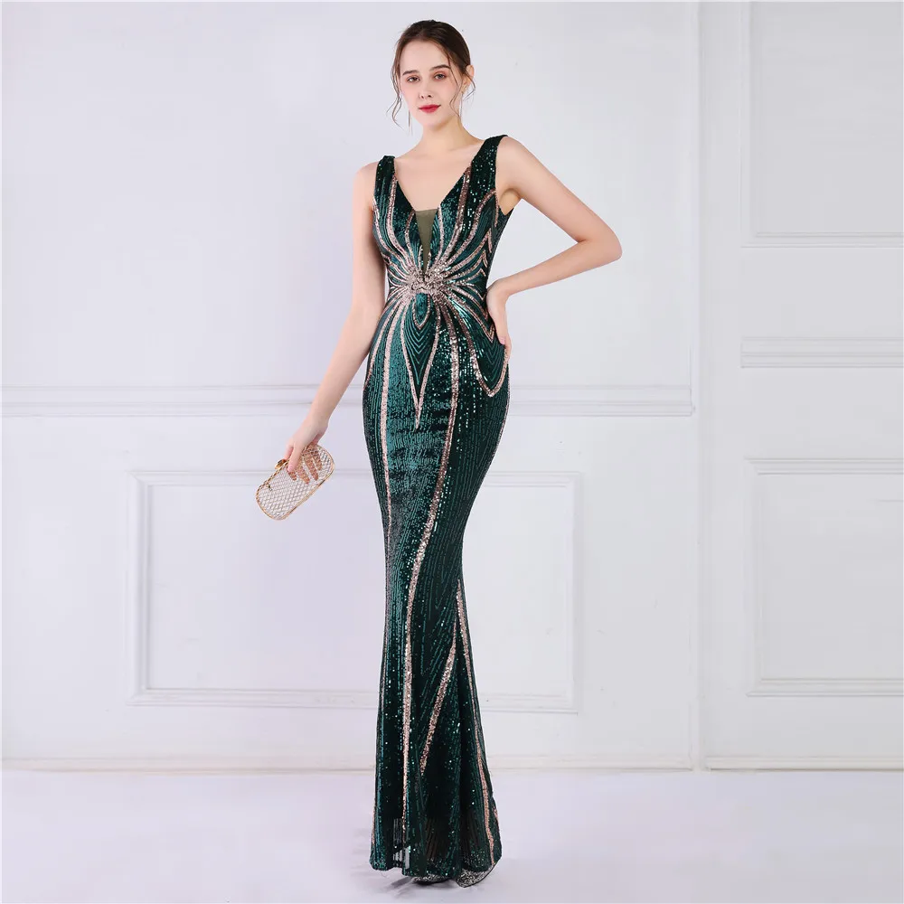 Vestido de noite formal longo brilhante de lantejoulas feminino, Decote V, até o chão, Elástico, Vestidos de festa, Verde escuro, Em estoque, 2023