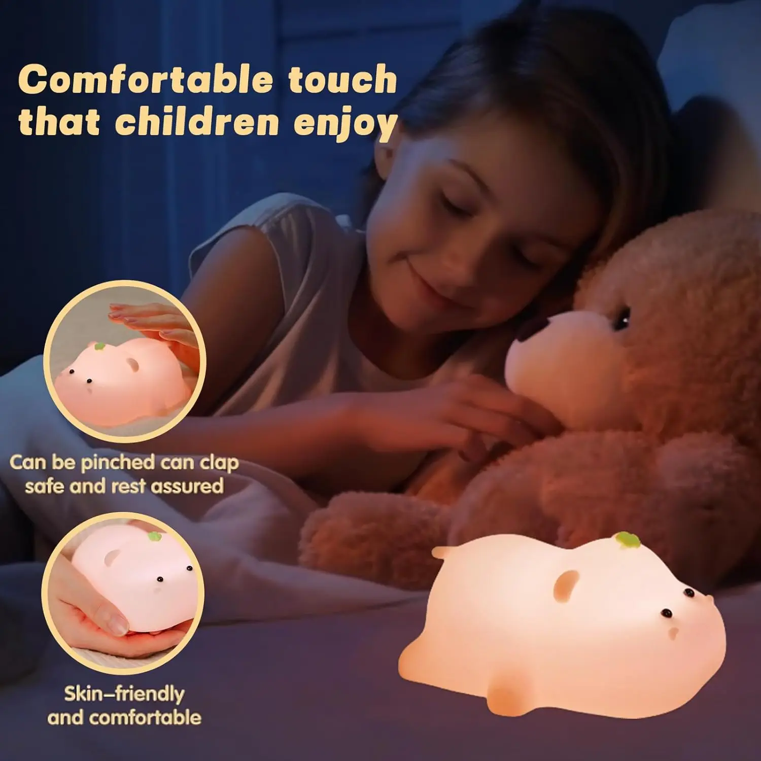 Cute Hippo Night Light Rechargeable LED Pat Silicone Lamp Bedside Children Animal Nightlights for Home Room Decor Birthday Gift