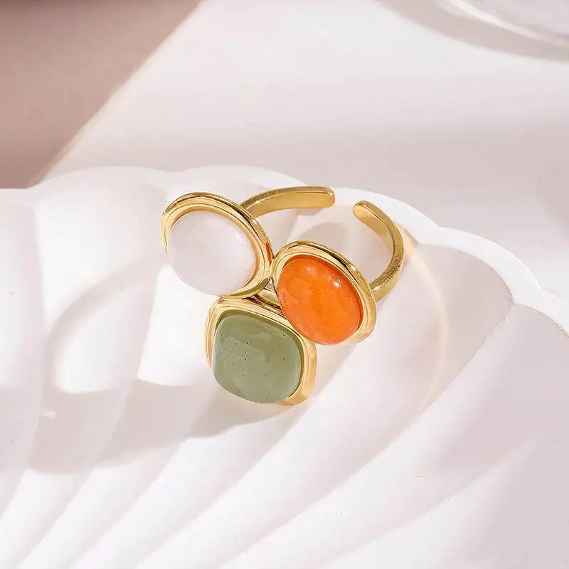 

Geometric Natural Stone Open Ring Stainless Steel Simple Design Luxury Feel Hand Jewelry Men's Fashion Autumn Sleeve Length